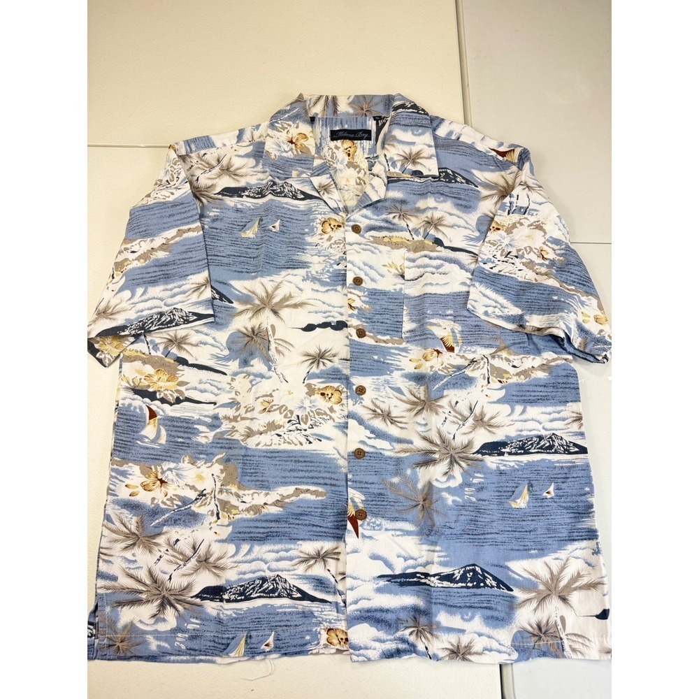 Milano Bay Mens XL Hawaiian Shirt Palm Tree Island‎ Print Blue Casual Button Up